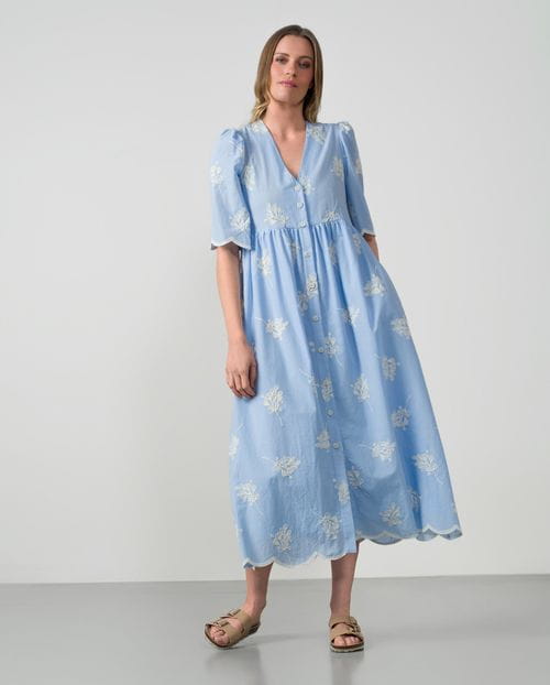Embroidered short-sleeved midi dress