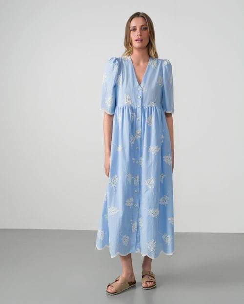 Embroidered short-sleeved midi dress