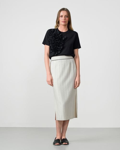Pencil skirt with side slits in linen-viscose pinstripe