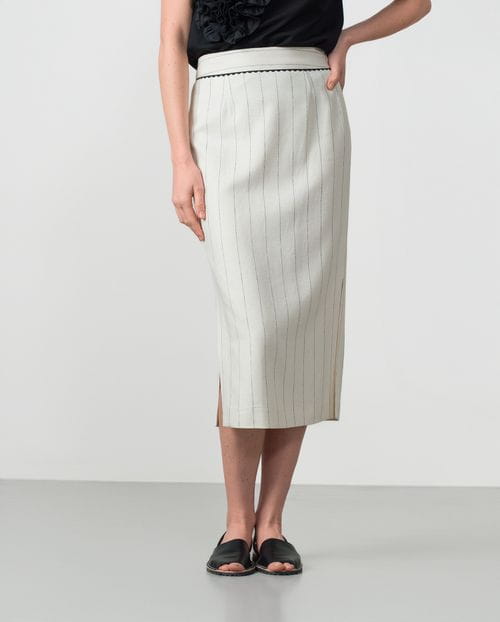 Pencil skirt with side slits in linen-viscose pinstripe
