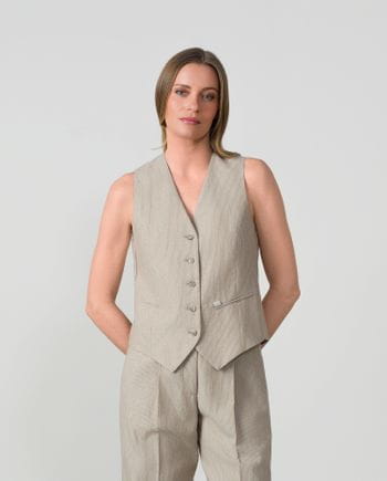 Tailored linen-cotton vest in stone and sand pinstripes