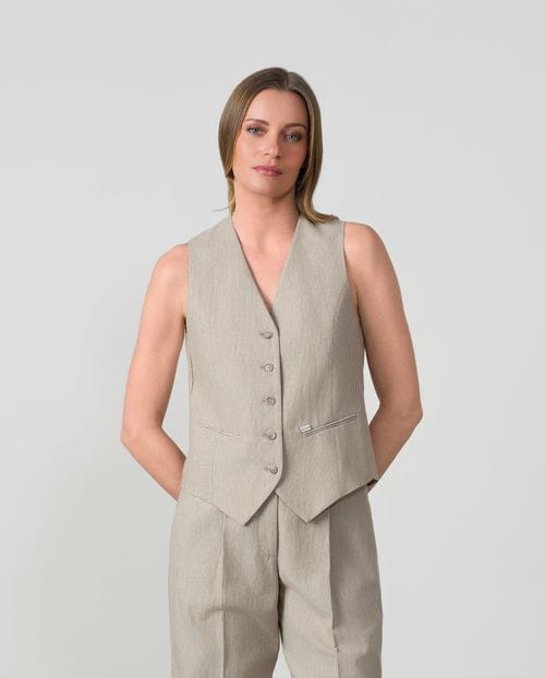 Tailored linen-cotton vest in stone and sand pinstripes