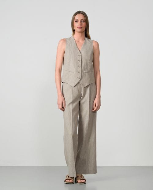 Tailored linen-cotton vest in stone and sand pinstripes