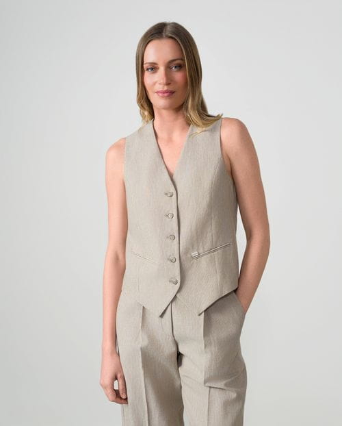 Tailored linen-cotton vest in stone and sand pinstripes