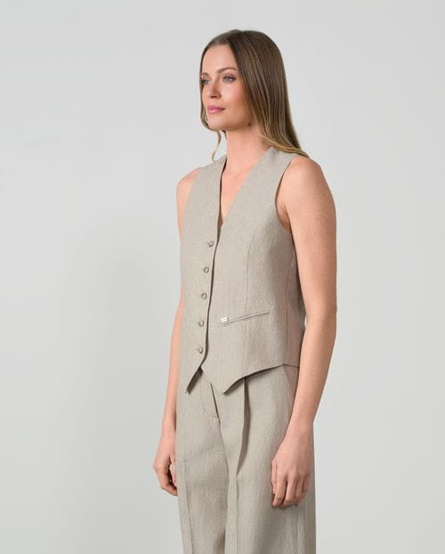 Tailored linen-cotton vest in stone and sand pinstripes