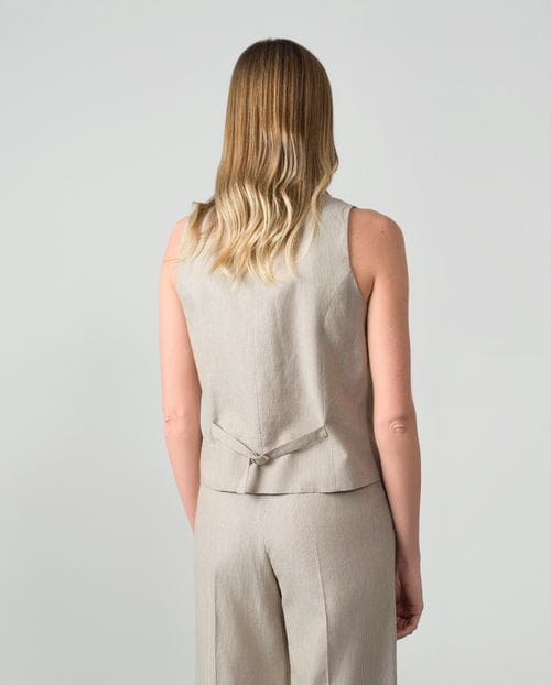 Tailored linen-cotton vest in stone and sand pinstripes