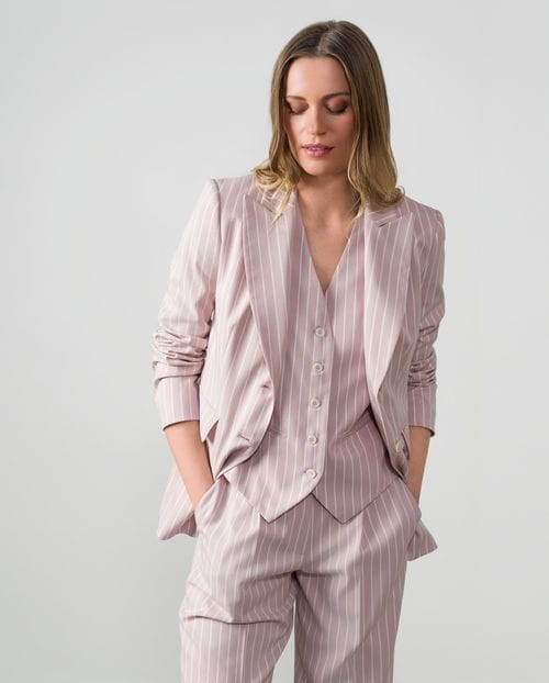 Fitted blazer in ivory pinstripes over a dusty pinstripes fabric
