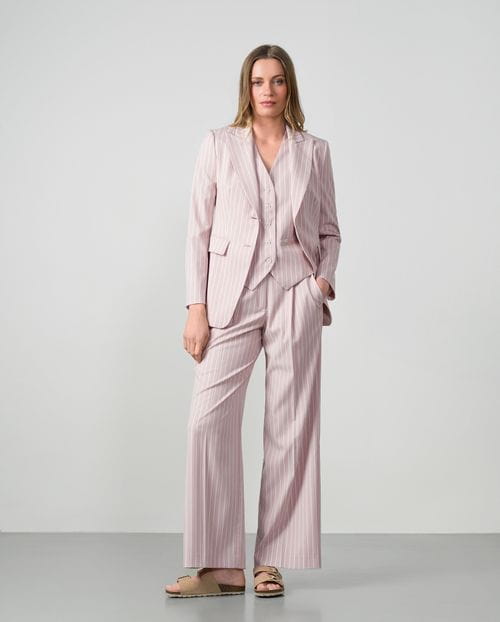 Fitted blazer in ivory pinstripes over a dusty pinstripes fabric