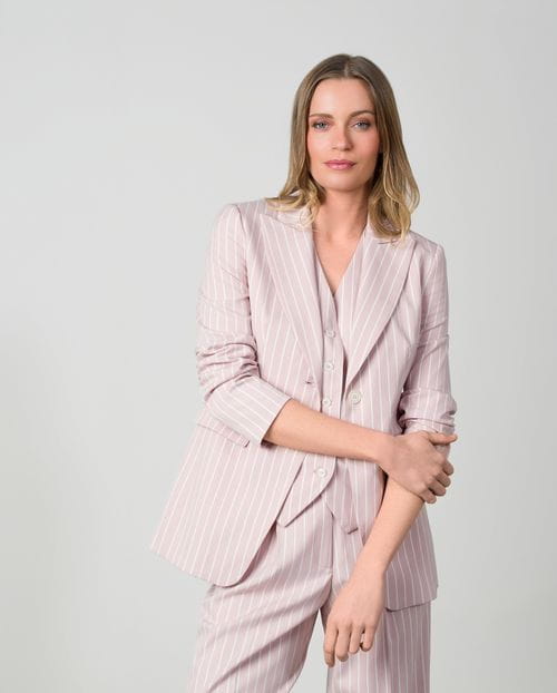 Fitted blazer in ivory pinstripes over a dusty pinstripes fabric