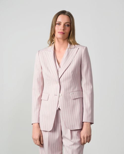 Fitted blazer in ivory pinstripes over a dusty pinstripes fabric