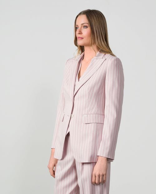 Fitted blazer in ivory pinstripes over a dusty pinstripes fabric