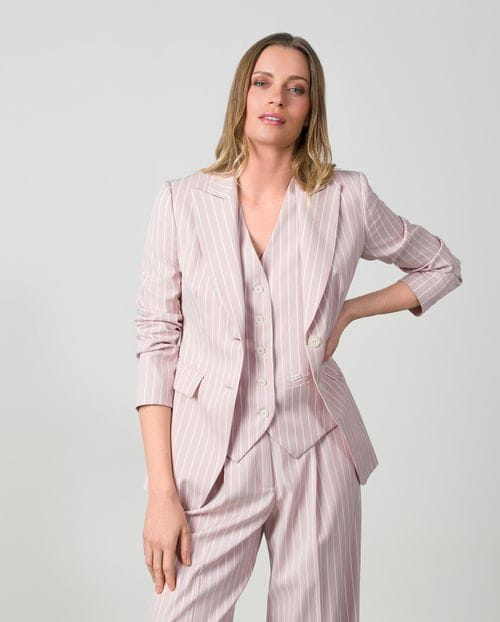 Fitted blazer in ivory pinstripes over a dusty pinstripes fabric