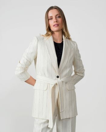 Long jacket with belt in linen-viscose pinstripe