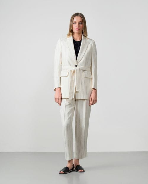 Long jacket with belt in linen-viscose pinstripe
