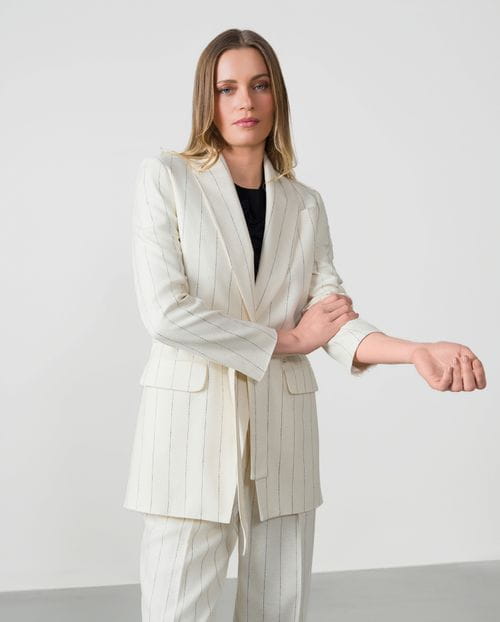 Long jacket with belt in linen-viscose pinstripe