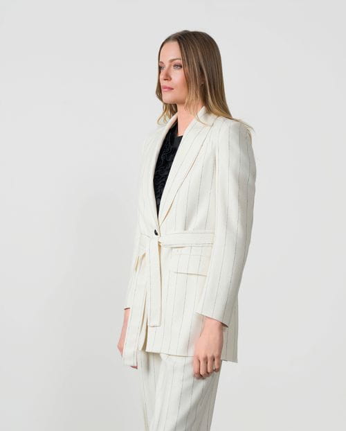 Long jacket with belt in linen-viscose pinstripe