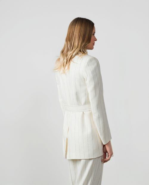 Long jacket with belt in linen-viscose pinstripe