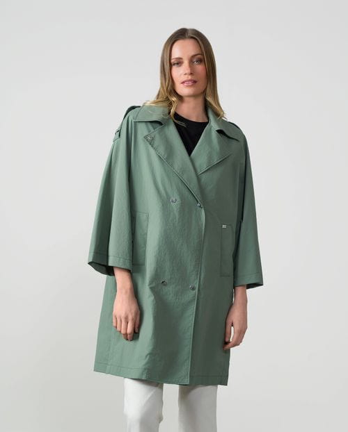 Relaxed trench with Japanese sleeves and removable hood in technical water-repellent fabric