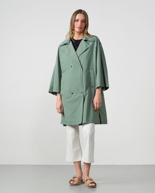 Relaxed trench with Japanese sleeves and removable hood in technical water-repellent fabric