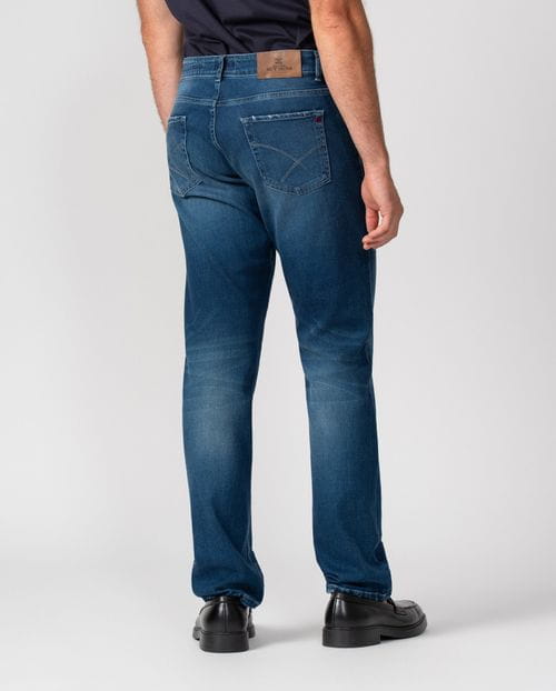 Regular fit stretch denim with a distressed 'used' finish