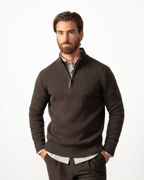 Ribbed knitted pullover with a high neck and zip fastening in wool blend