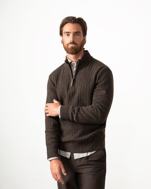Ribbed knitted pullover with a high neck and zip fastening in wool blend