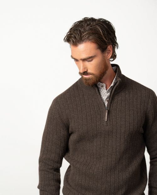 Ribbed knitted pullover with a high neck and zip fastening in wool blend