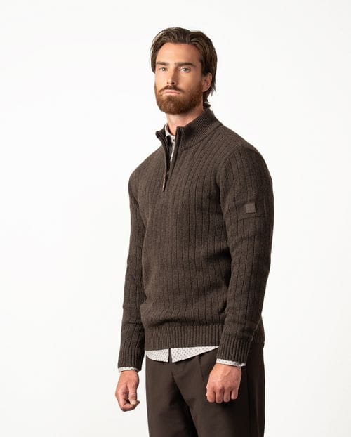 Ribbed knitted pullover with a high neck and zip fastening in wool blend