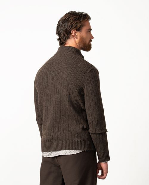 Ribbed knitted pullover with a high neck and zip fastening in wool blend