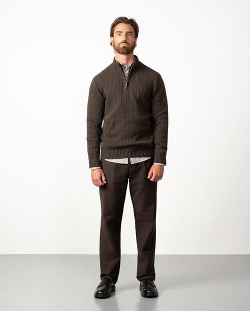 Ribbed knitted pullover with a high neck and zip fastening in wool blend