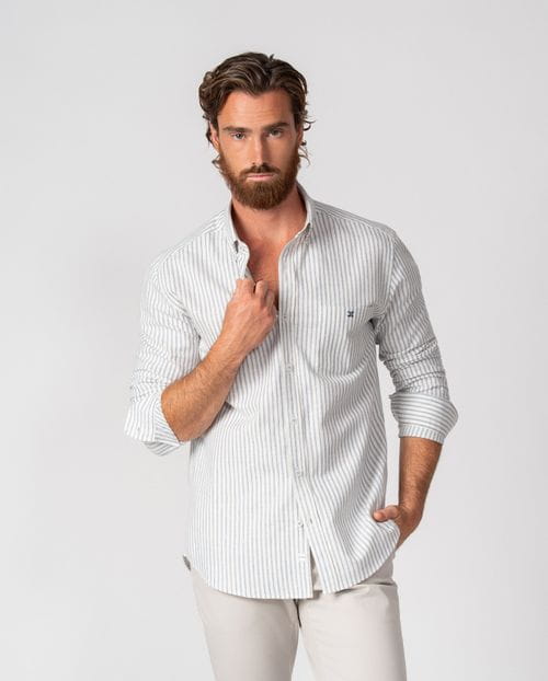 Relaxed fit sport shirt in striped cotton-linen