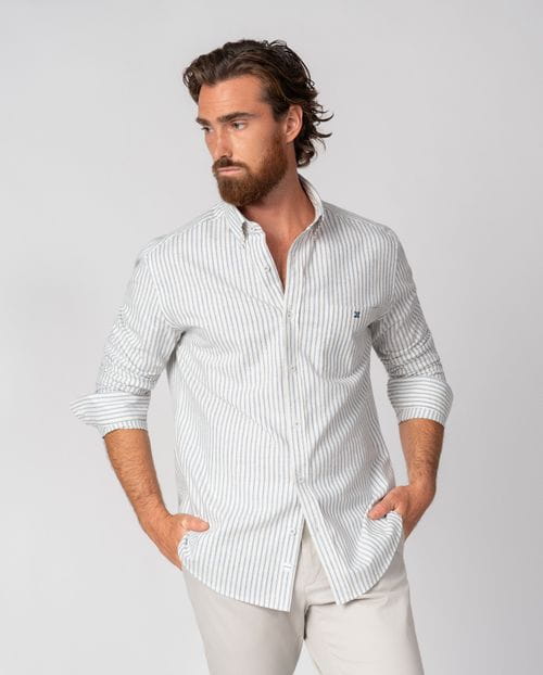 Relaxed fit sport shirt in striped cotton-linen