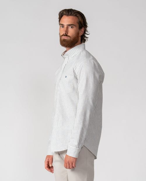 Relaxed fit sport shirt in striped cotton-linen