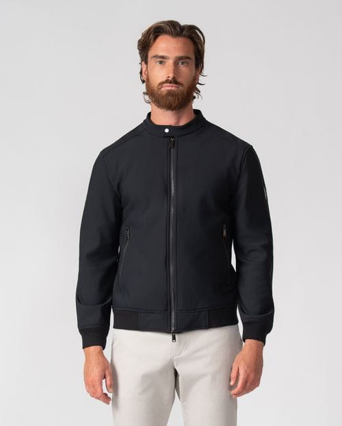 Black bomber jacket with stand collar in technical knit fabric