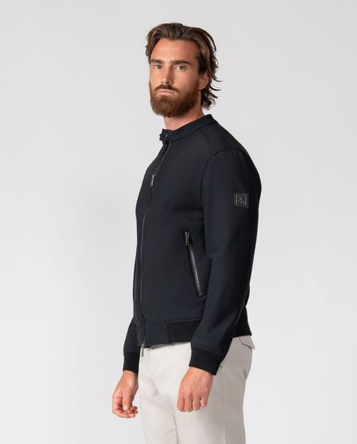 Black bomber jacket with stand collar in technical knit fabric
