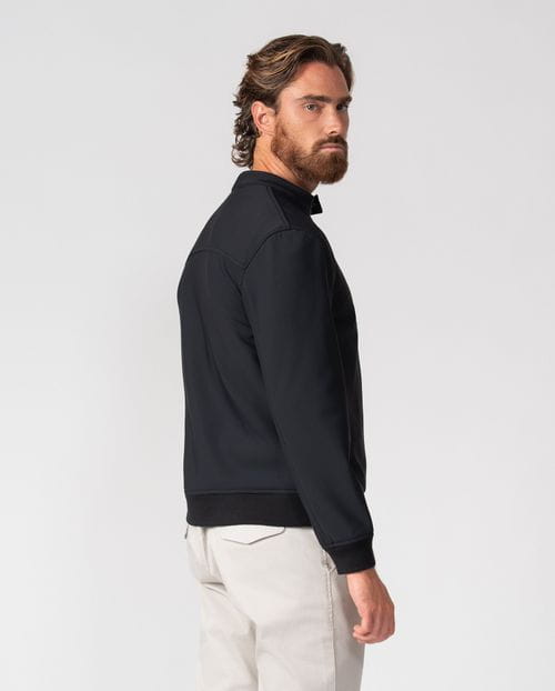 Black bomber jacket with stand collar in technical knit fabric