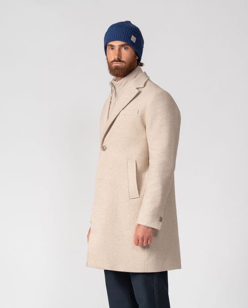 Short coat with detachable collar-facings made from plain wool blend fabric