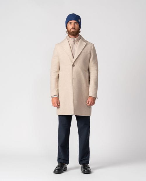 Short coat with detachable collar-facings made from plain wool blend fabric