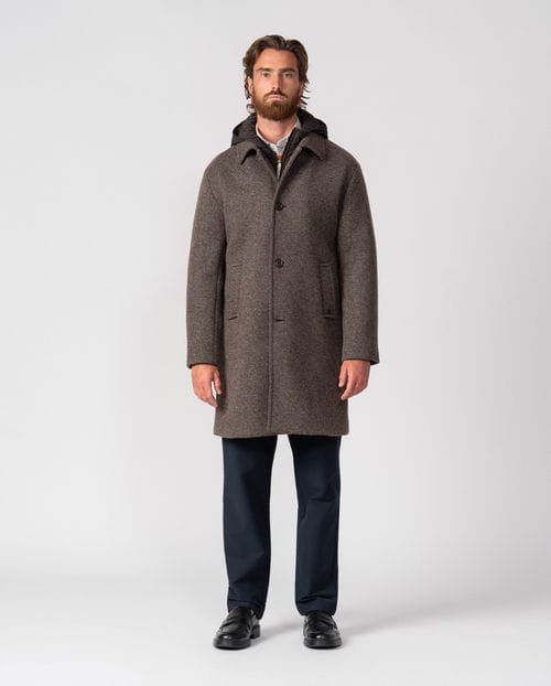Hooded coat with detachable collar-facings, made from a wool blend knit