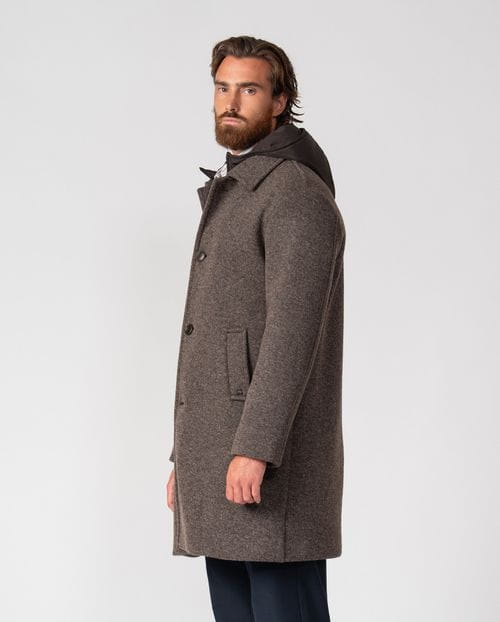 Hooded coat with detachable collar-facings, made from a wool blend knit