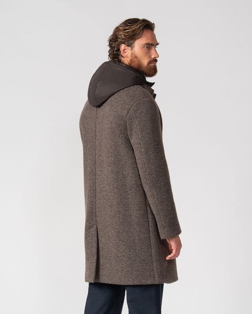 Hooded coat with detachable collar-facings, made from a wool blend knit