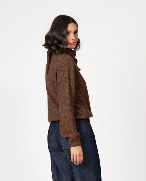 Pullover with detachable bandana in superfine alpaca, wool and metallyc yarn blend