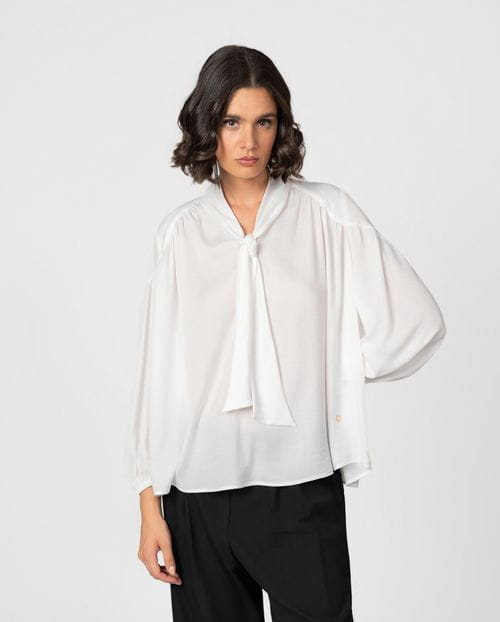 Romantic-style blouse with gathers and a tie neck detail in textured satin fabric
