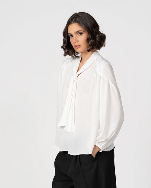 Romantic-style blouse with gathers and a tie neck detail in textured satin fabric