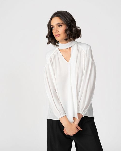 Romantic-style blouse with gathers and a tie neck detail in textured satin fabric