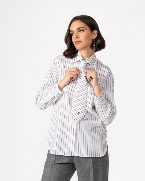 Masculine-style shirt with detachable tie in striped poplin fabric