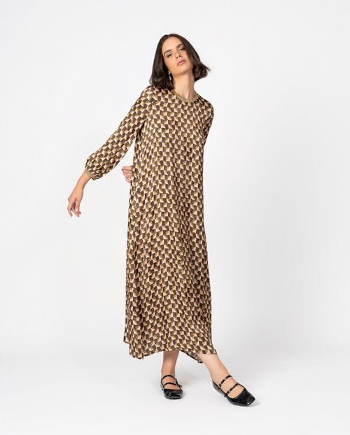 Flowing midi dress in printed viscose fabric
