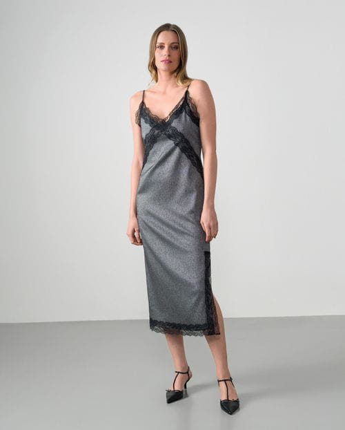 Herringbone slip dress with Chantilly lace trim