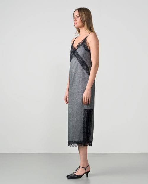 Herringbone slip dress with Chantilly lace trim