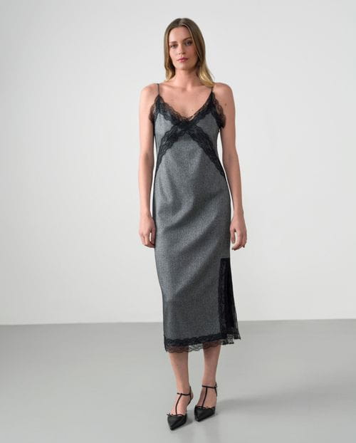 Herringbone slip dress with Chantilly lace trim